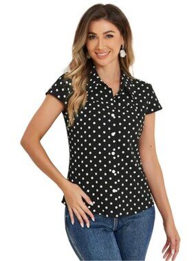 Vintage Polka Dot Short Sleeve Button Up Blouse Women's Retro Crepe Shirt
